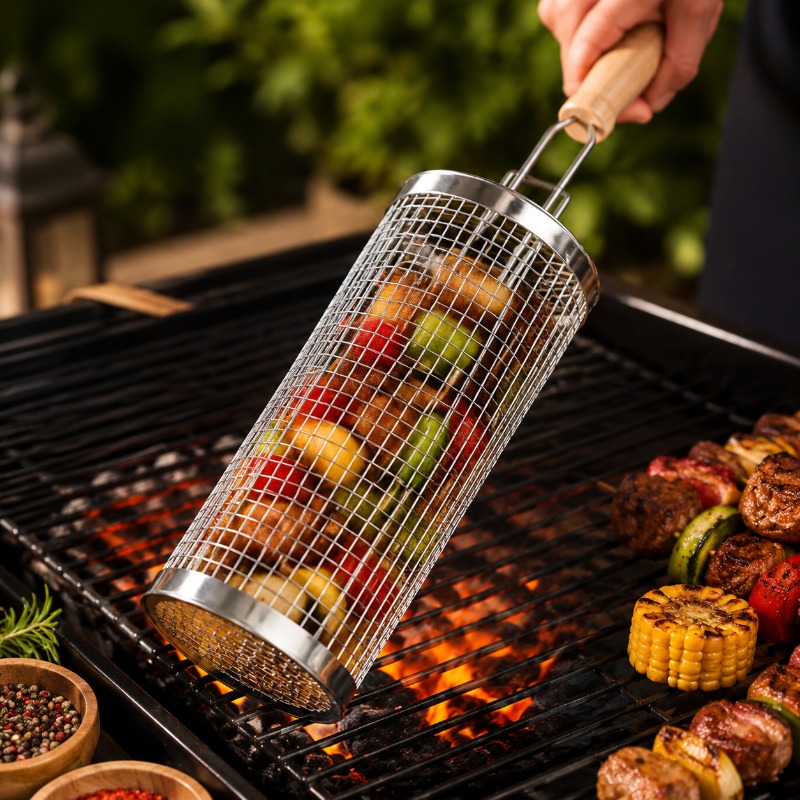 Outdoor Camping Outfit - Round Barbecue Grill Basket Set Stainless